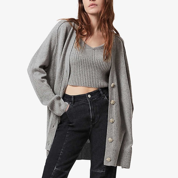 AllSaints Ivana Cashmere Blend Cardigan in Grey - Picture 1 of 8